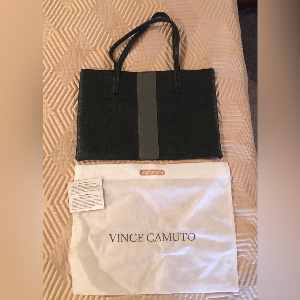 Vince Camuto Luck Tote & Dustbag Vegan Leather NEW $128 Black w/ Gray Stripe